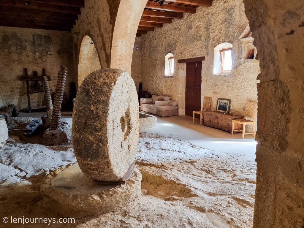 Stone press in the old olive mill, Kapsaliana