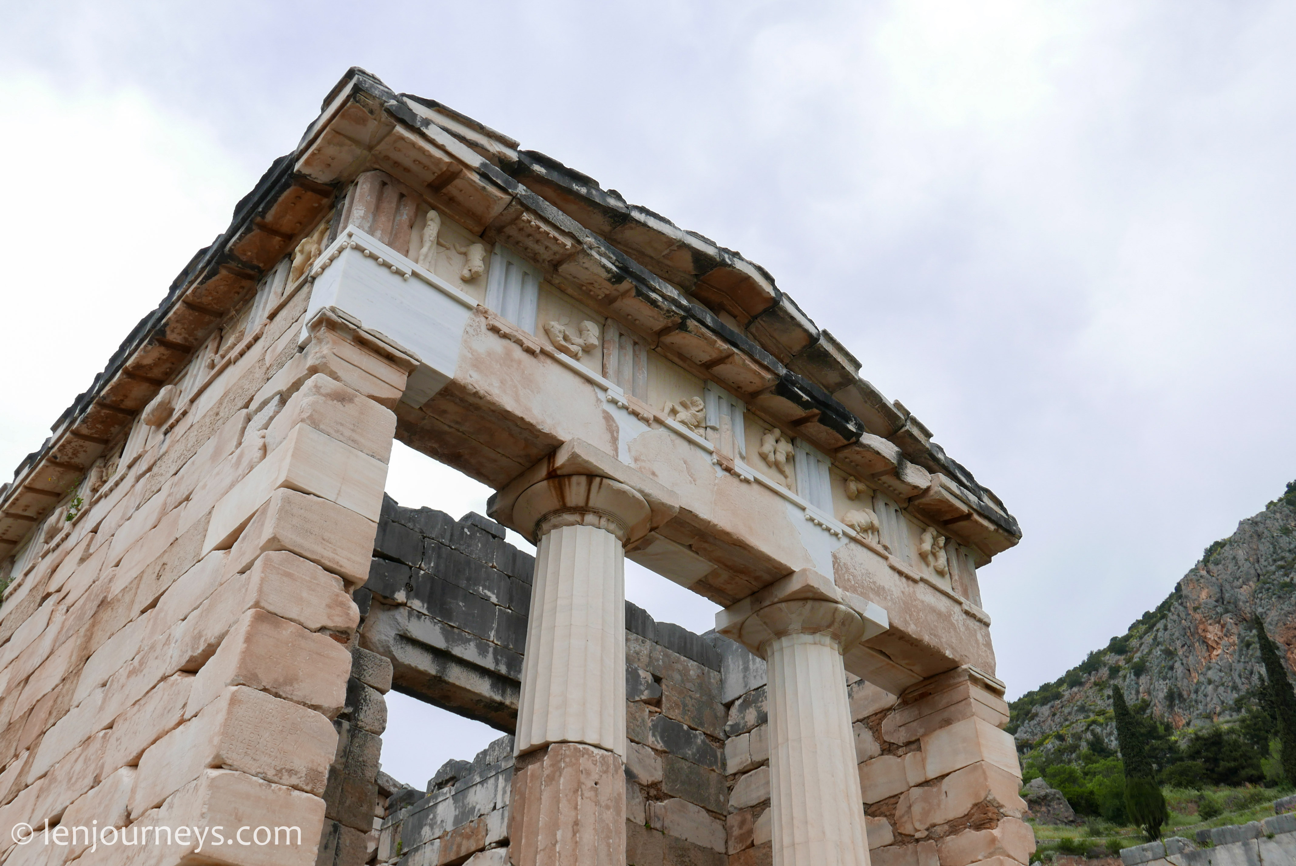 The front of the restored Athenian Treasury in Delphi